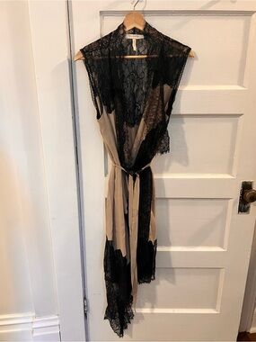 BCBGMaxAzria Black Lace-Trim Beige Wrap Dress